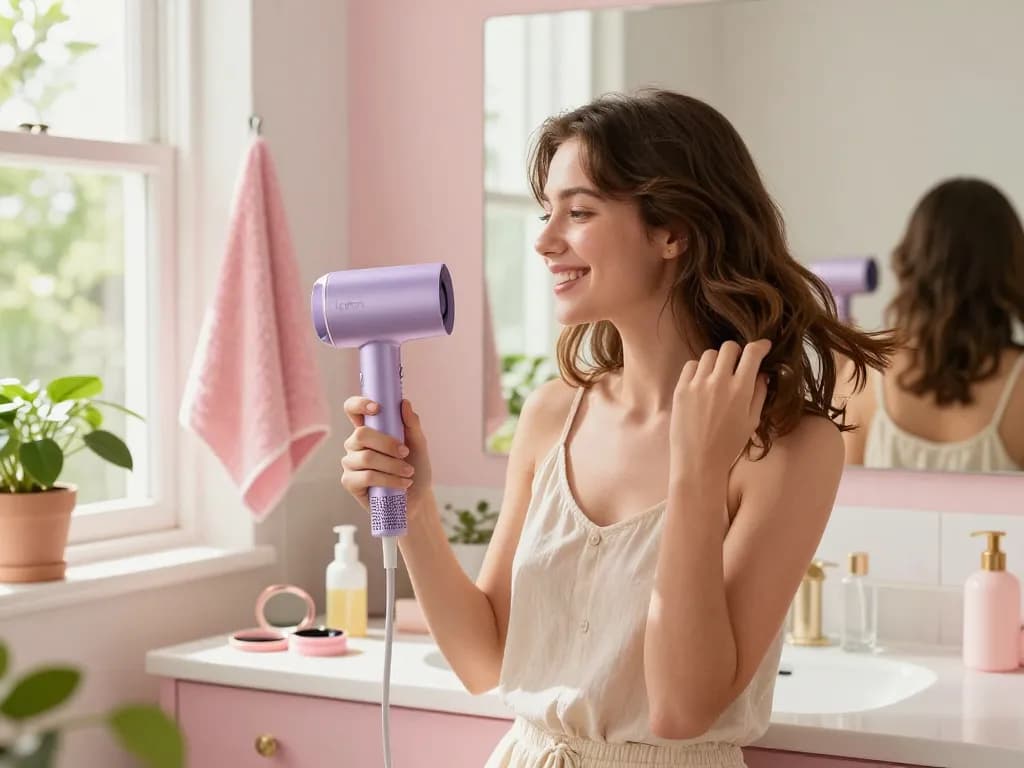 Young woman using Laifen hair dryer in bright bathroom to style her hair, showcasing vibrant morning routine.