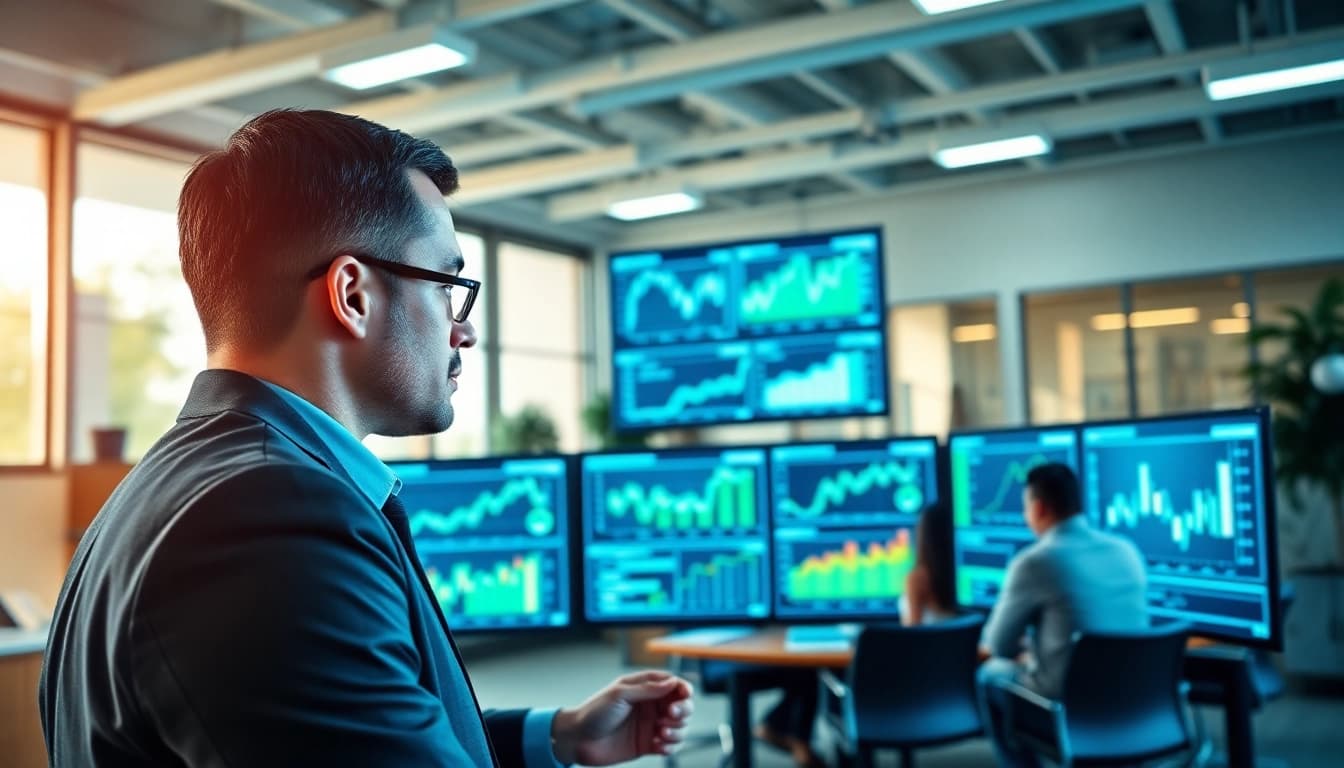 Engaged professional using supply chain planning software in a modern office environment.