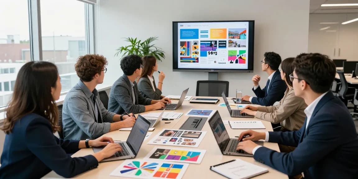 Dynamic team collaborating on corporate event planning Mississauga in a modern office setting.