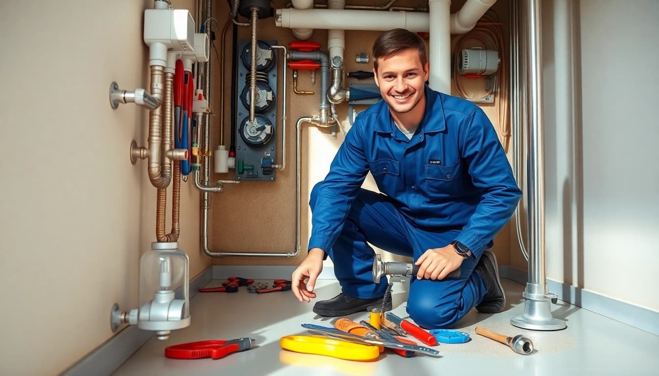 Plumber north shore inspecting pipes with expert focus in a bright setting.
