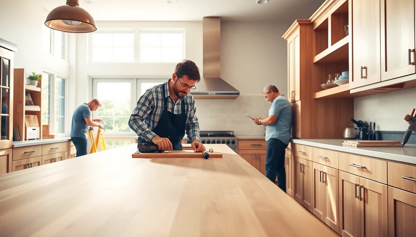 Cabinet Refacing Saint Petersburg FL process showcasing skilled professionals in a bright kitchen.
