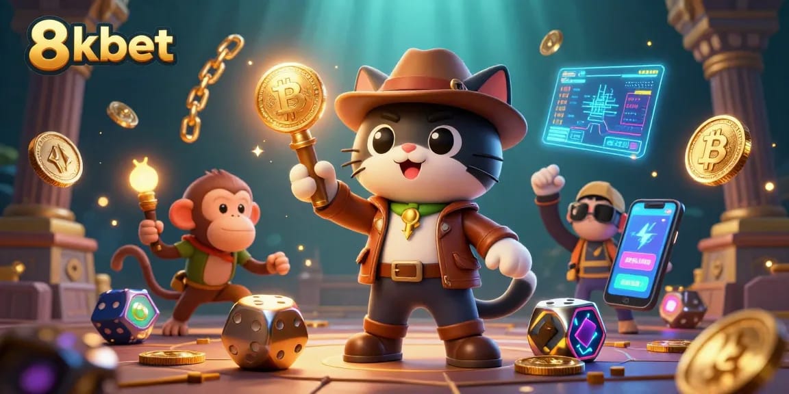 Engage in thrilling gaming actions at 8xbet with a vibrant illustration showcasing exploration and digital currencies.