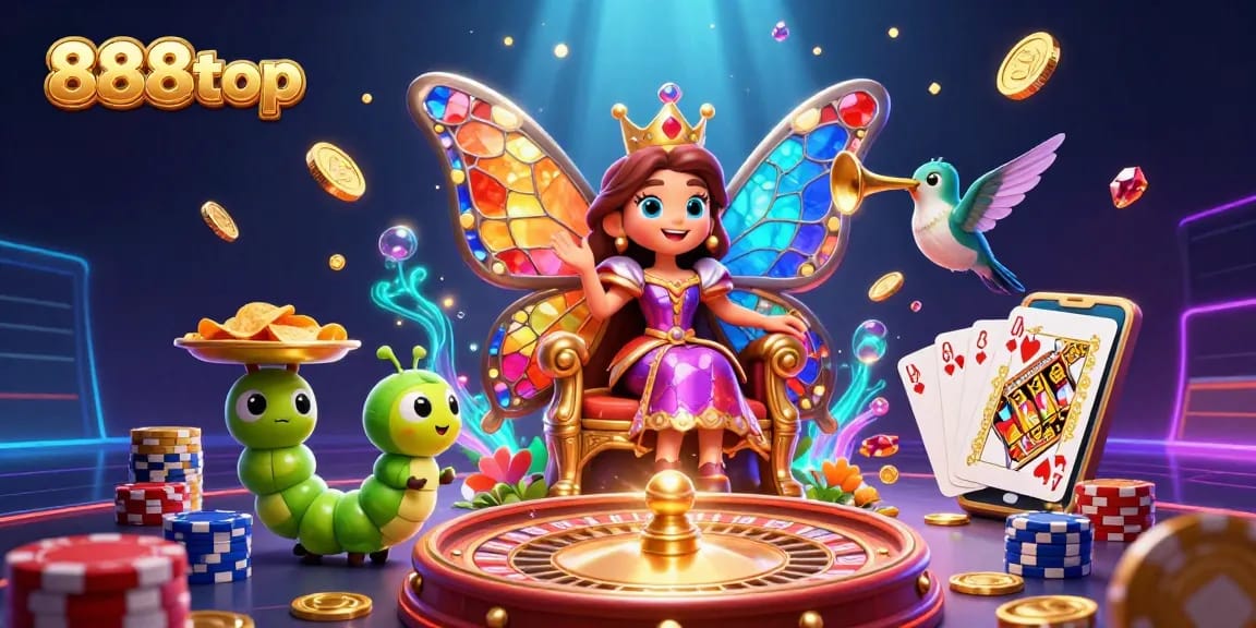 Engage with 888top's enchanting casino world as golden coins and vibrant games scatter around.