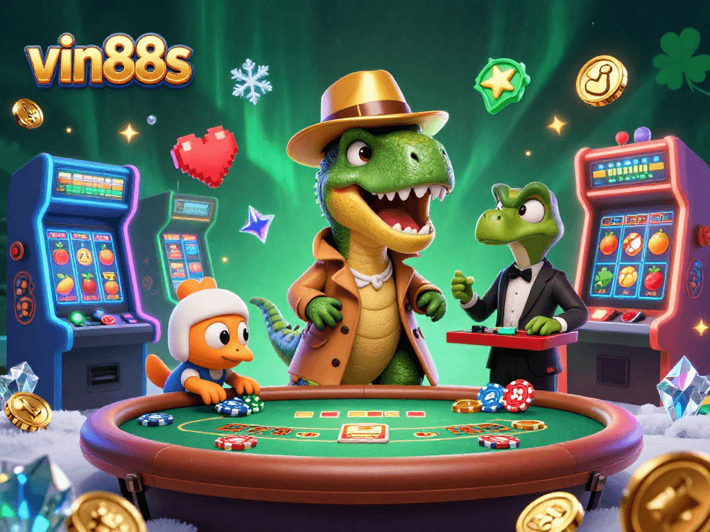 vin88s showcases a sneaky velociraptor card counter and friends in a vibrant casino scene.