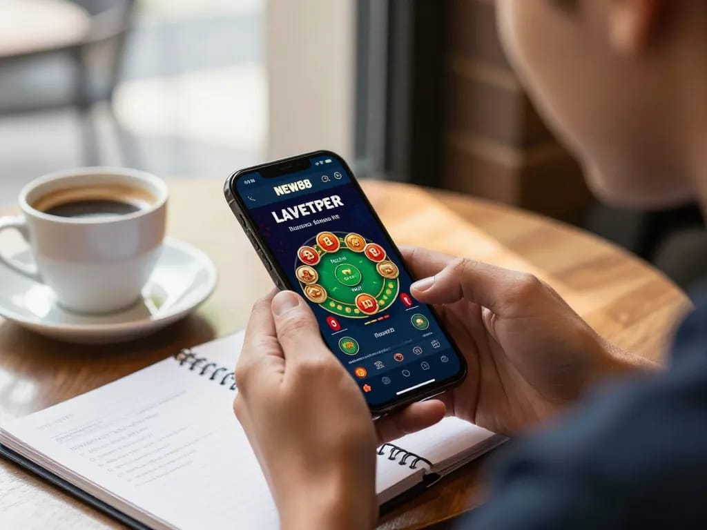 Gamblers enjoying the NEW88 blog mobile app while strategizing bets in a cozy café setting.