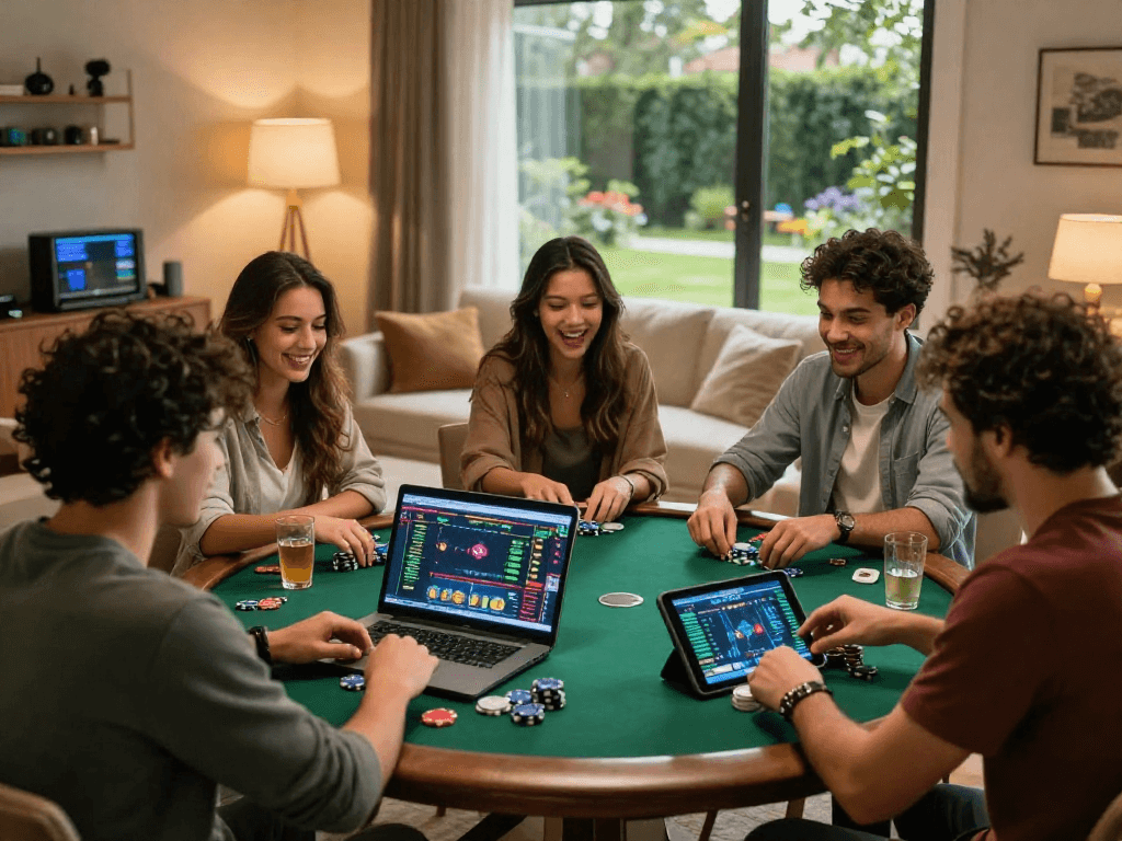 Friends enjoying gambingonline in a cozy living room, focused on poker and sports betting.