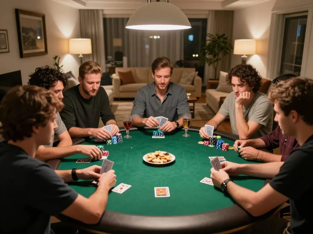 B52 club poker players strategizing in a cozy home game night setting