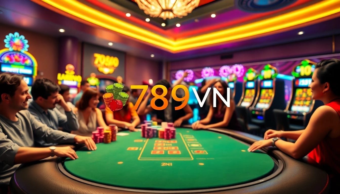Exciting gameplay at 789VN casino with colorful poker chips and slot machines.