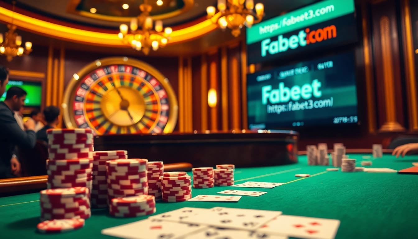 Experience thrilling gambling action with FABET's casino atmosphere featuring vibrant poker tables and roulette.