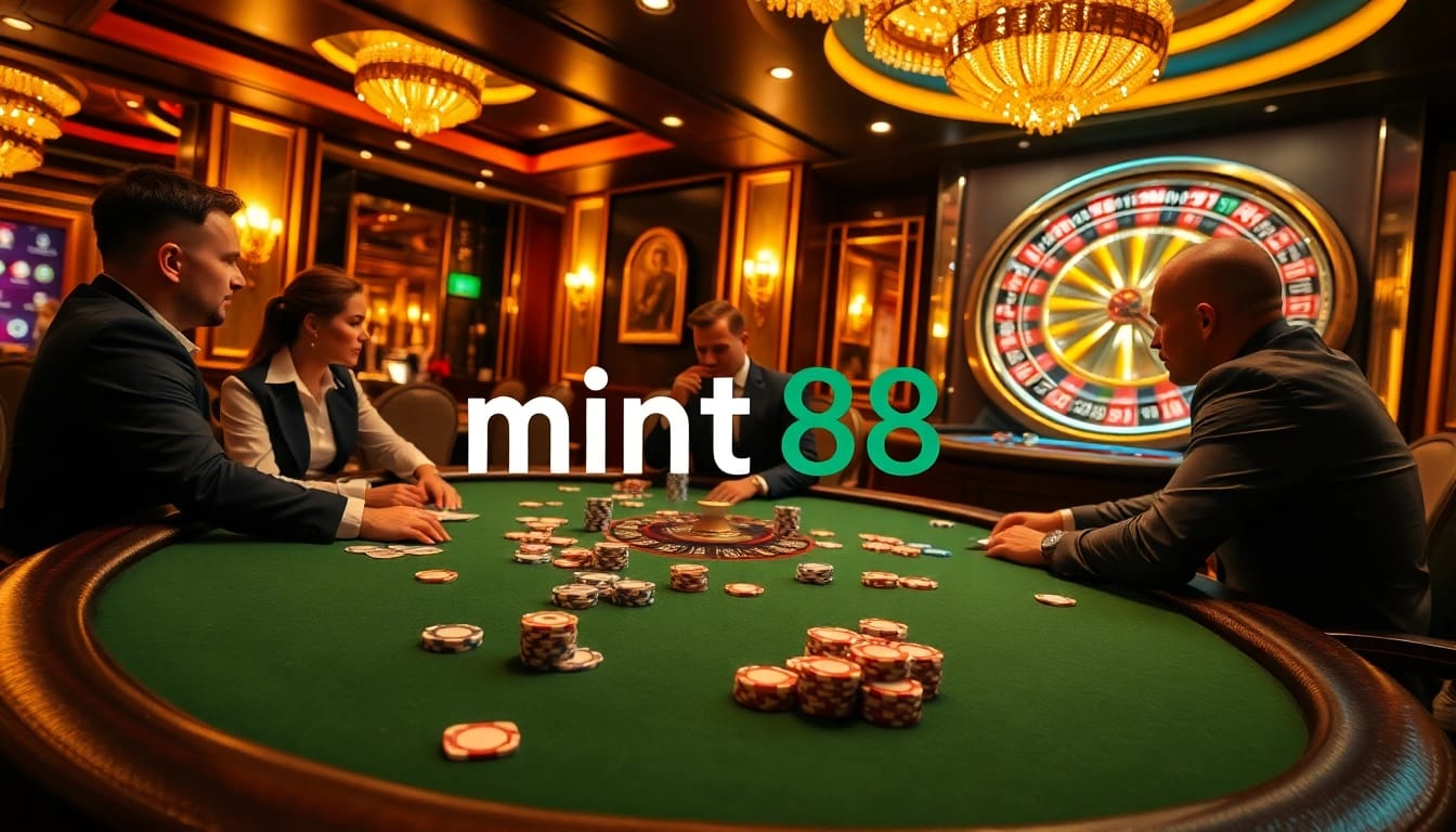 Mint88 players strategizing at a high-stakes poker table in a luxurious casino.
