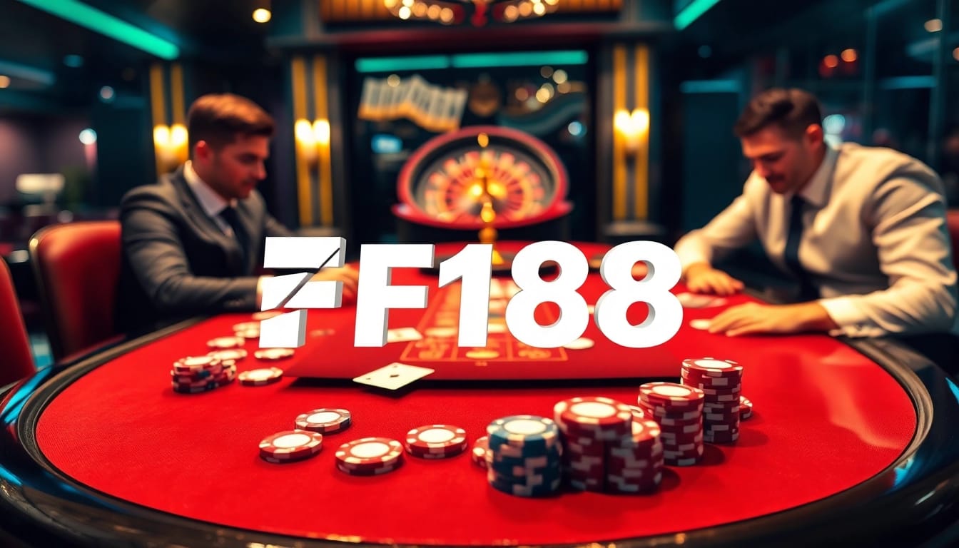 F168 logo showcased at an exclusive casino table with poker chips and cards in play.