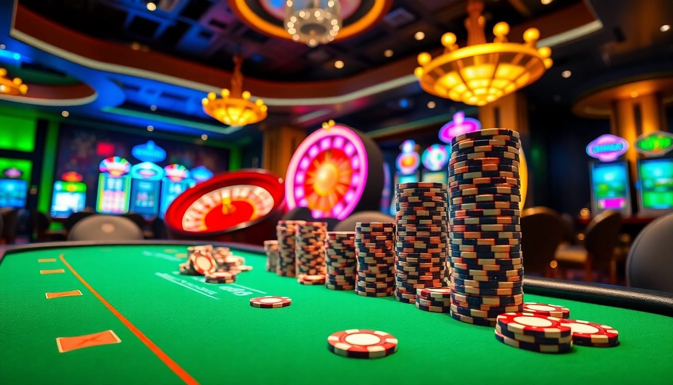 Experience the thrill of NK88 at a vibrant casino poker table filled with colorful chips and players.