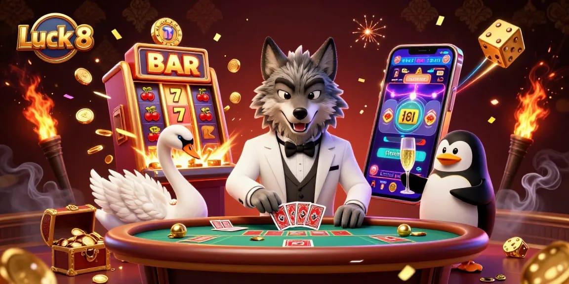 Win big at Luck 8 casino with a lively illustration of a baccarat table, celebrating a jackpot explosion surrounded by vibrant elements.
