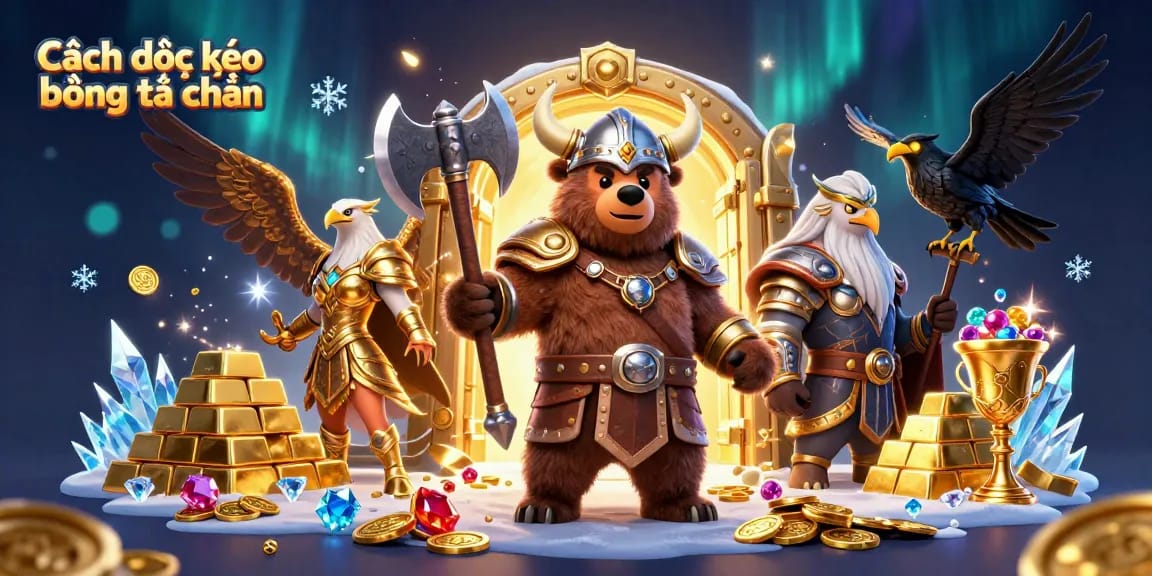 Cách đọc kèo bóng đá chuẩn in an epic scene with Viking characters, treasure, and dynamic gambling themes