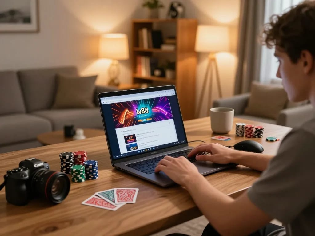 Engaging in lv88 đăng nhập on a laptop in a cozy home gaming setup, showcasing a strategic approach to online gambling.