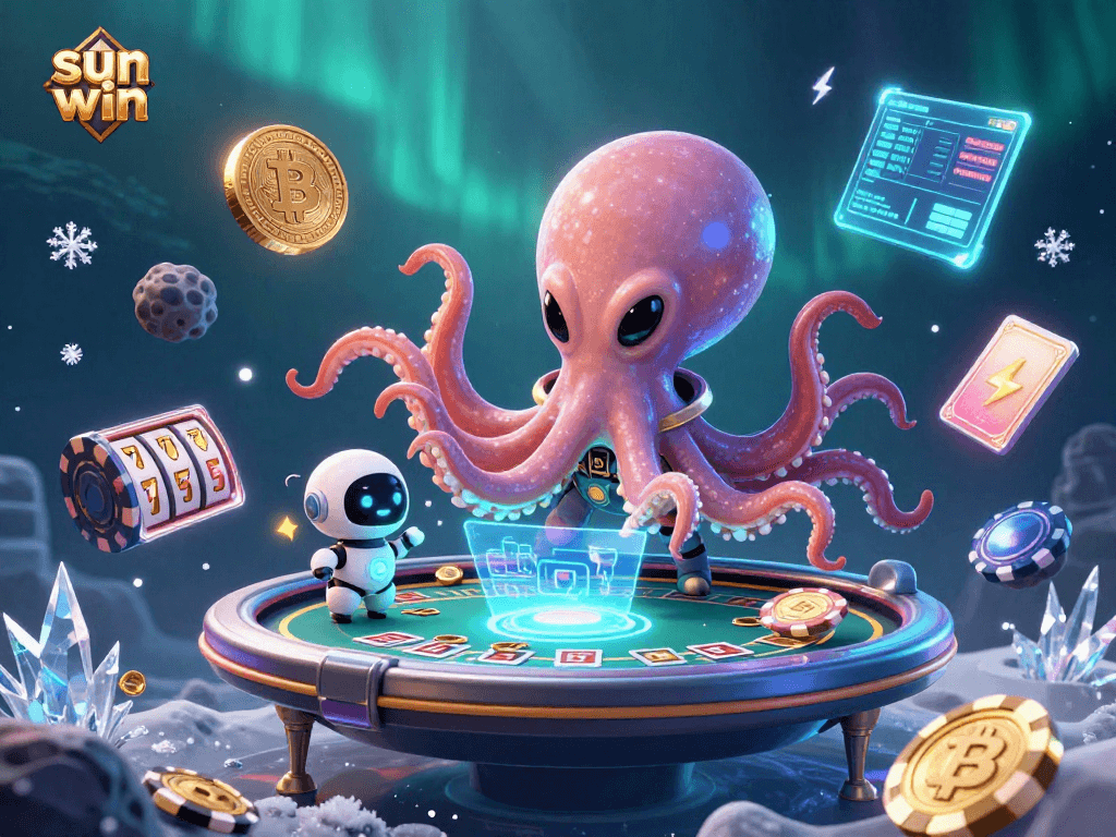 Engage in thrilling casino action with sun win as an octopus and robot play poker.