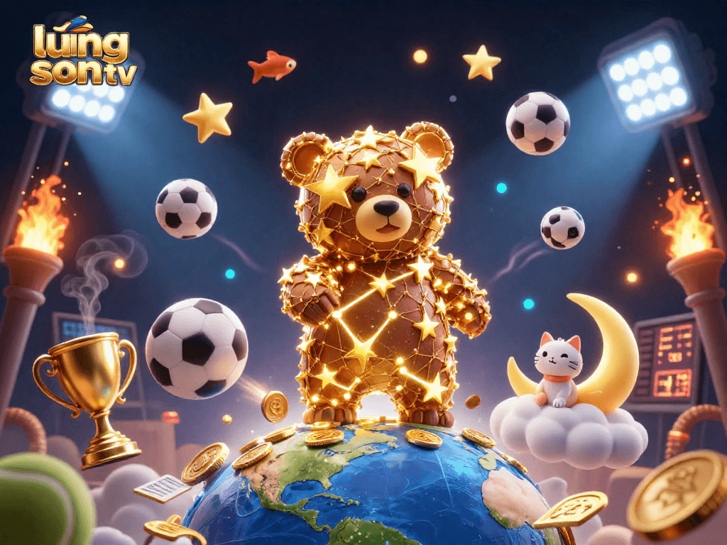 Experience thrilling sports betting on lương sơn tv with dynamic balls, golden coins, and vibrant characters.
