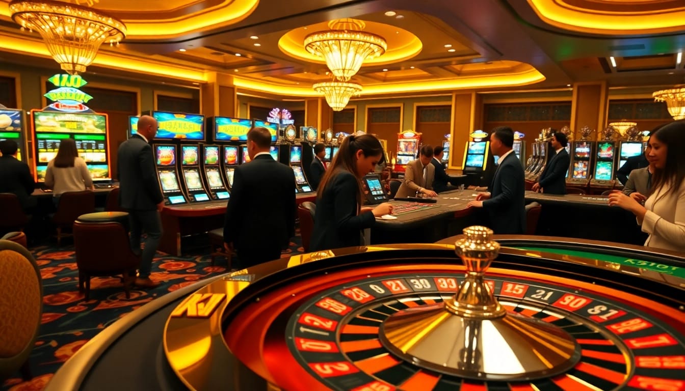 KJC players engaged in excitement at a vibrant casino table with chips and roulette.