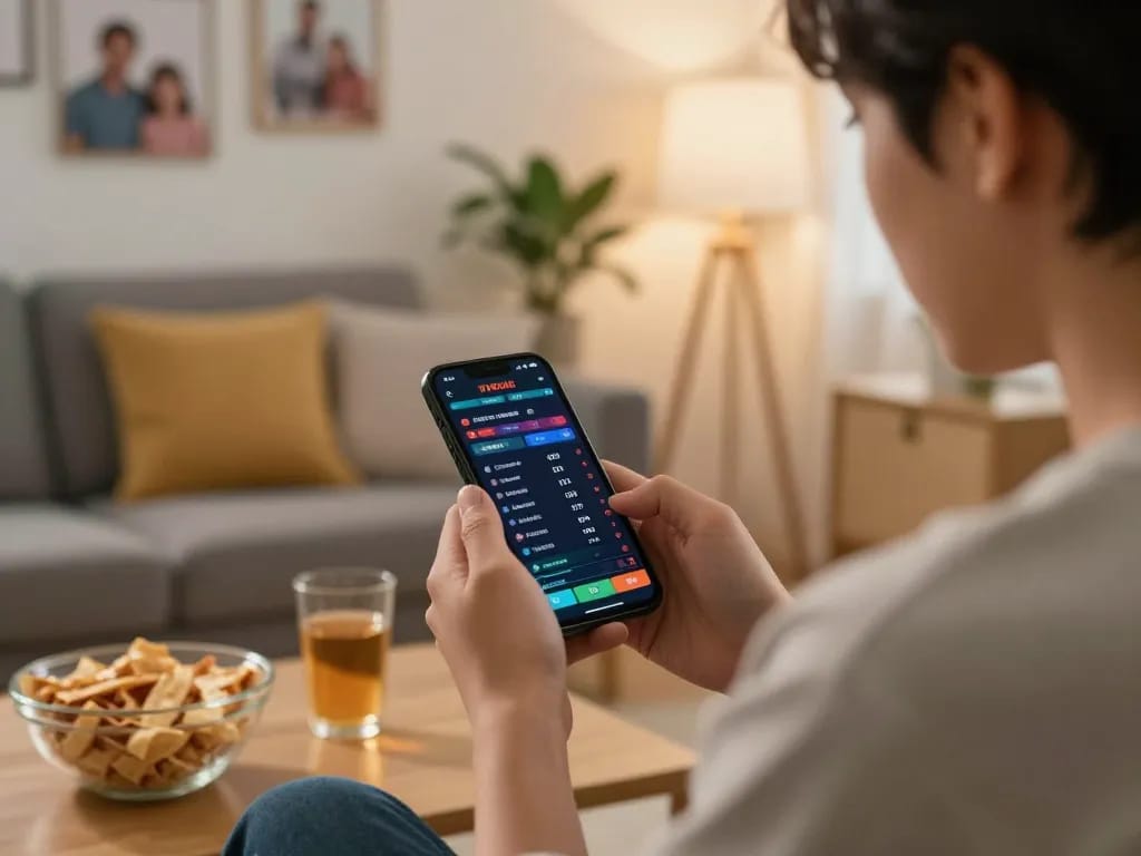 Betting on 98win sports using a smartphone in a comfortable living room setting.