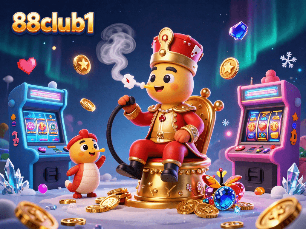 Experience the thrill of gaming at 88club1 with a vibrant 3D illustration showcasing poker, slots, and a magical atmosphere.