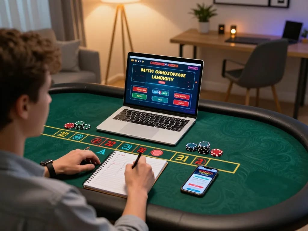 Engaging in a live dealer blackjack game on a laptop for 90P entertainment, showcasing strategic gameplay and responsible gambling.