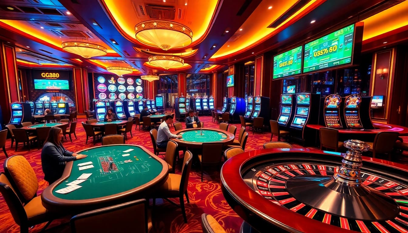 Exciting GG88 gaming atmosphere with casino tables, cards, and slot machines.