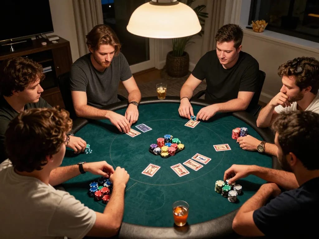 TIP88 poker night with friends playing Texas Hold'em, engaged in strategy and enjoying drinks together.