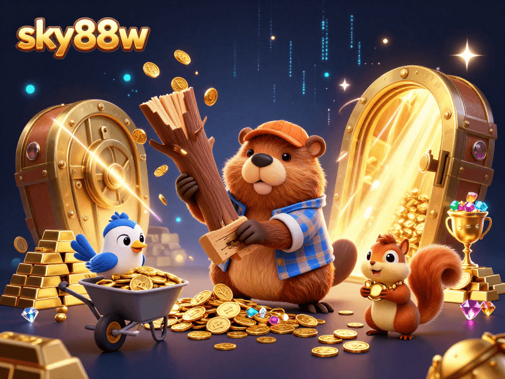 Experience the thrill of winning with sky88w's 3D cartoon beaver collecting coins in a vibrant casino scene.