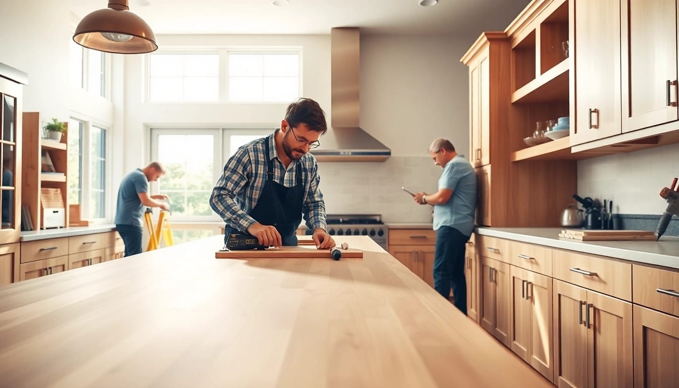 Cabinet Refacing Saint Petersburg FL process showcasing skilled professionals in a bright kitchen.