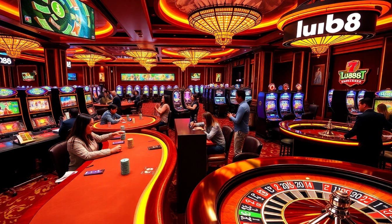 Players enjoying a thrilling game of poker at a luxurious casino with 'lu88' branding visible.