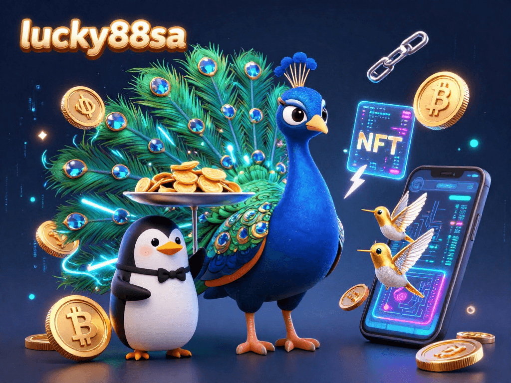 Engage in exciting gaming with lucky88sa featuring a peacock, butler, and hummingbird amidst neon crypto elements.
