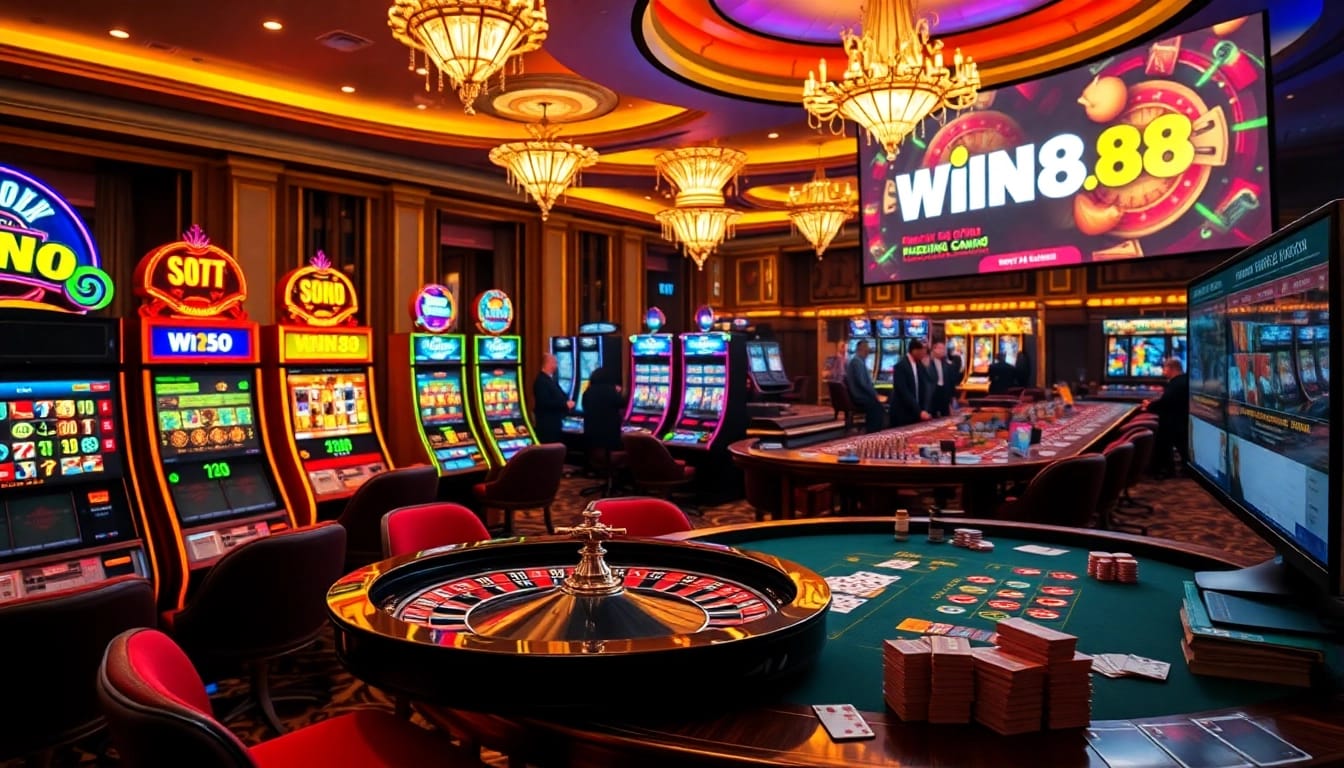 Experience thrilling gaming action at win88.com with vibrant slot machines and roulette tables.