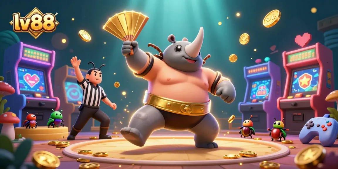 lv 88 online casino features lively 3D elements with a beetle champion winning, surrounded by vibrant gaming visuals