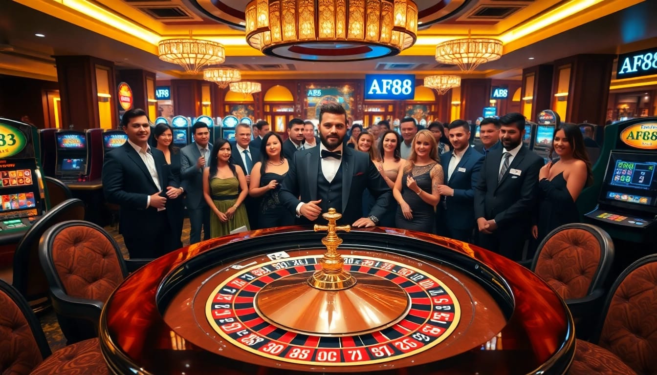 Exciting scene at the AF88 casino with a roulette table and eager players.