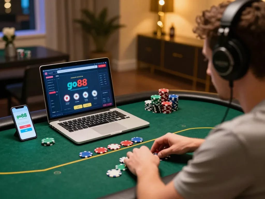 Player engaged in online poker at go88, surrounded by colorful chips and a smartphone app.