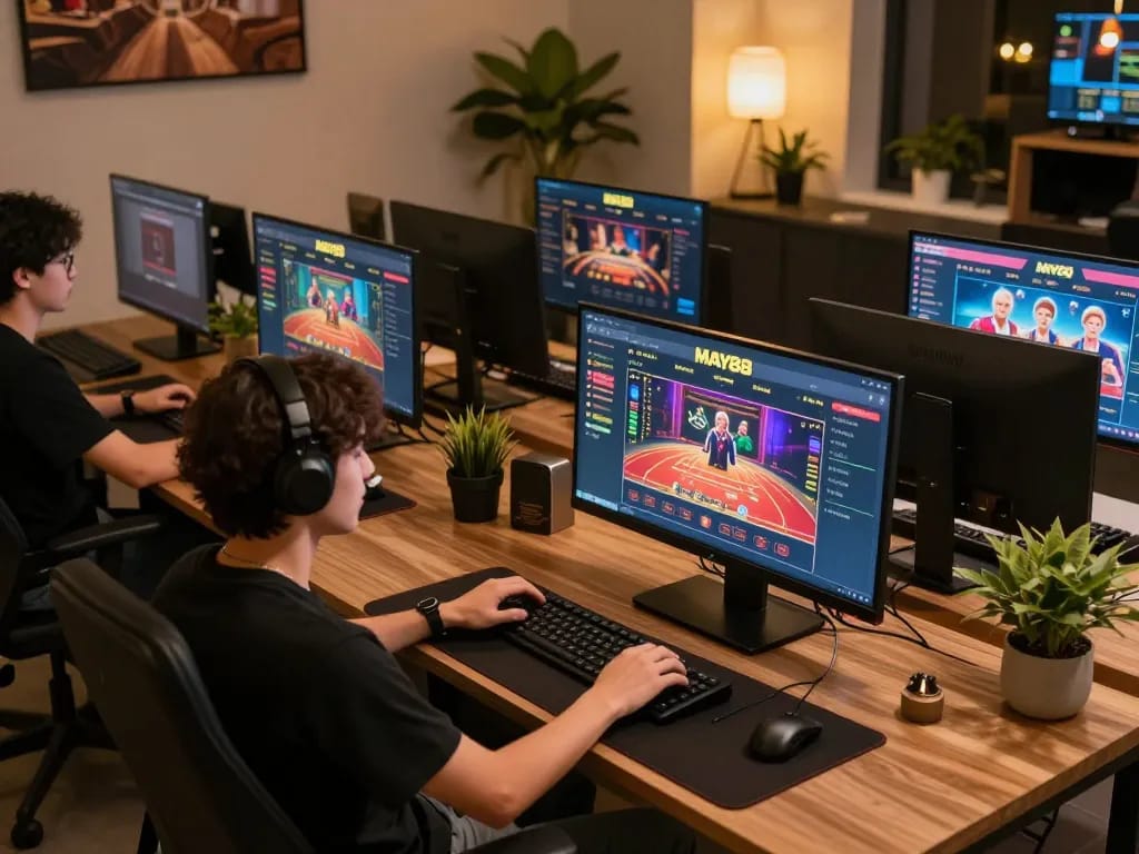 MAY88 online gaming experience with engaging live dealer games on multiple screens.