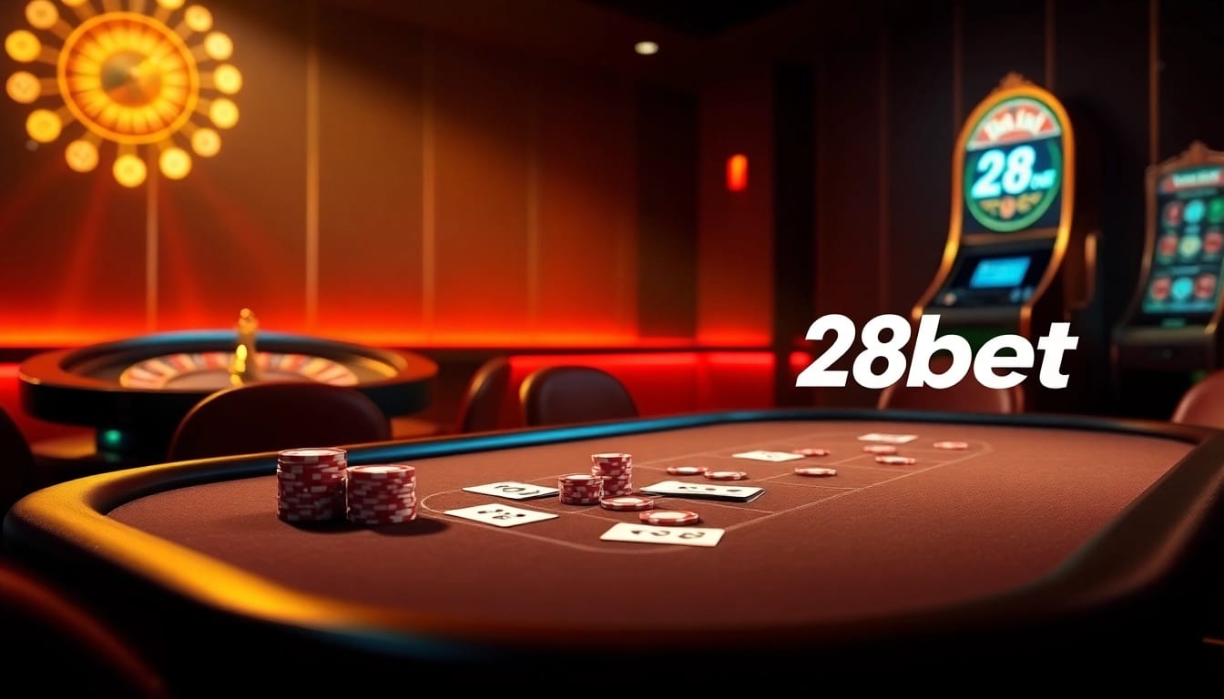 Experience thrilling poker action at 28bet with vibrant chips and a professional setting.