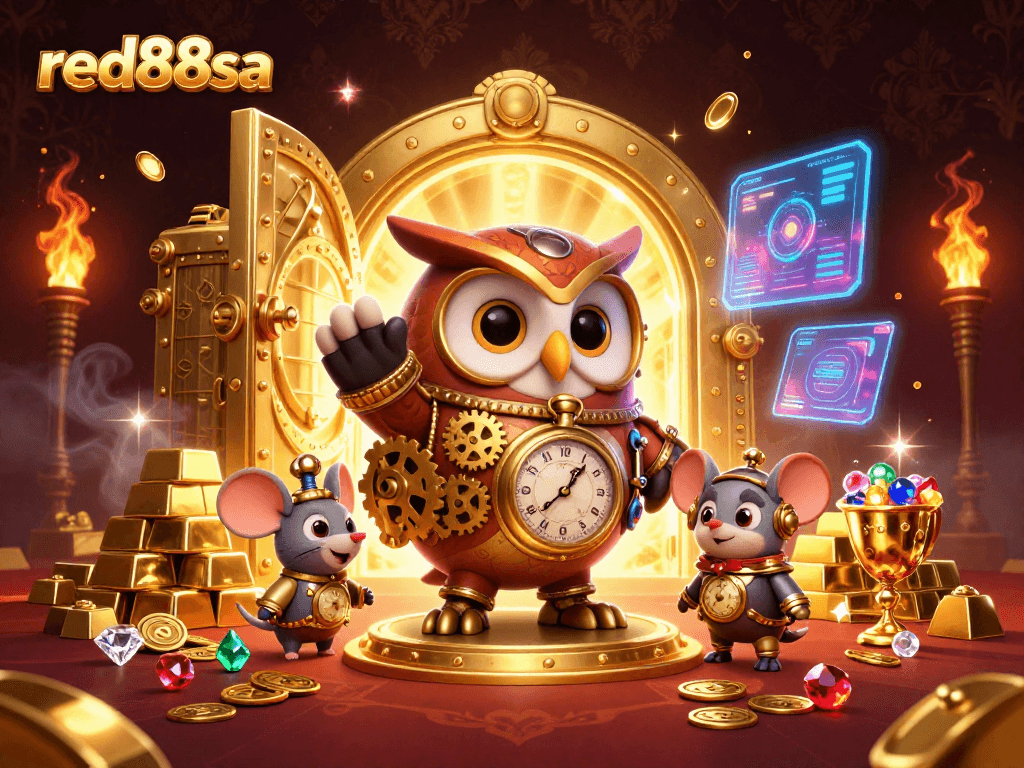 Red88sa reveals a vibrant interactive casino scene featuring a futuristic owl and treasures.