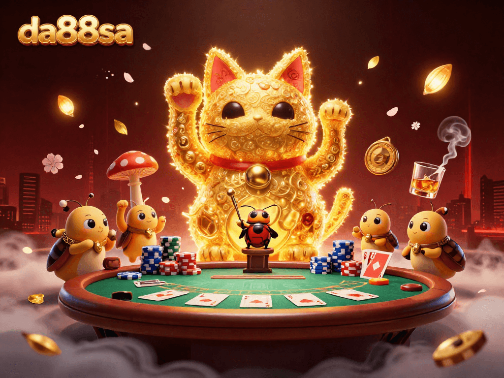 da88sa showcases a mesmerizing scene of golden fireflies forming a lucky cat at a vibrant poker table