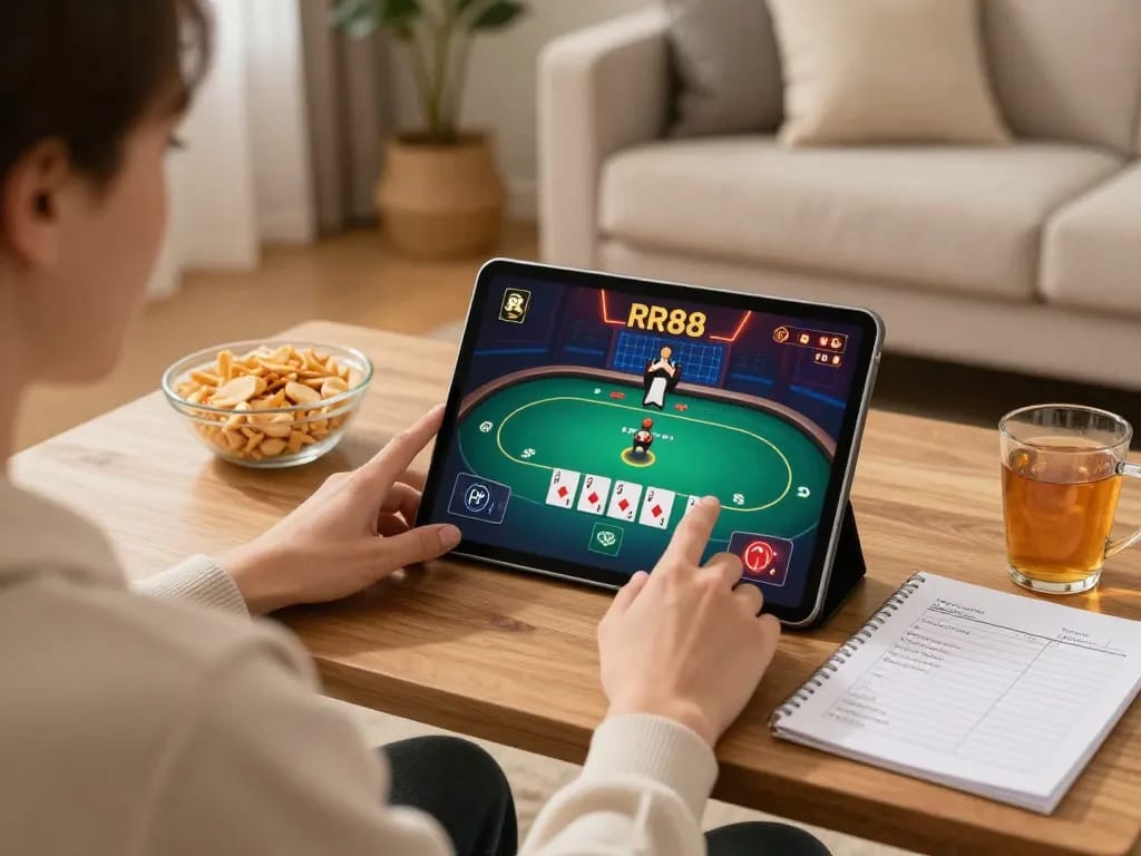 Engaging online poker game on RR88 gratis tablet with strategies in cozy home setting.