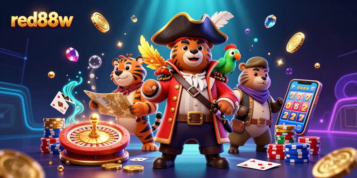 Play and win at red88w with a vibrant 3D casino scene featuring pirate characters and dynamic game elements.