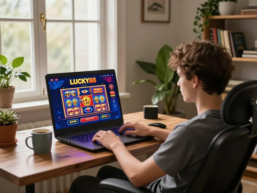LUCKY88 online gaming session showcasing vibrant slots on laptop screen