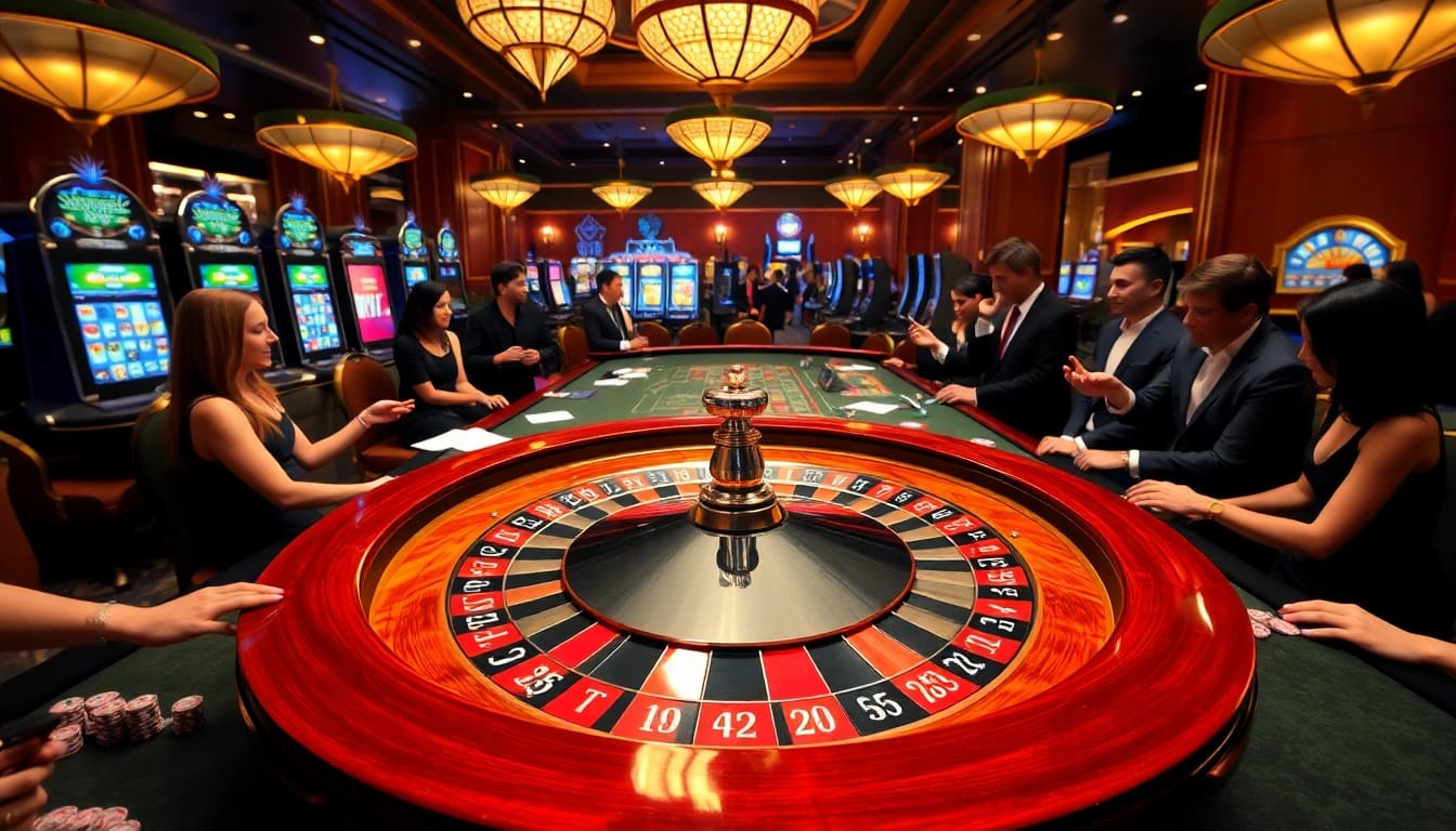 Experience the thrill of hz88 at a lively roulette table with excited players and vibrant lighting.