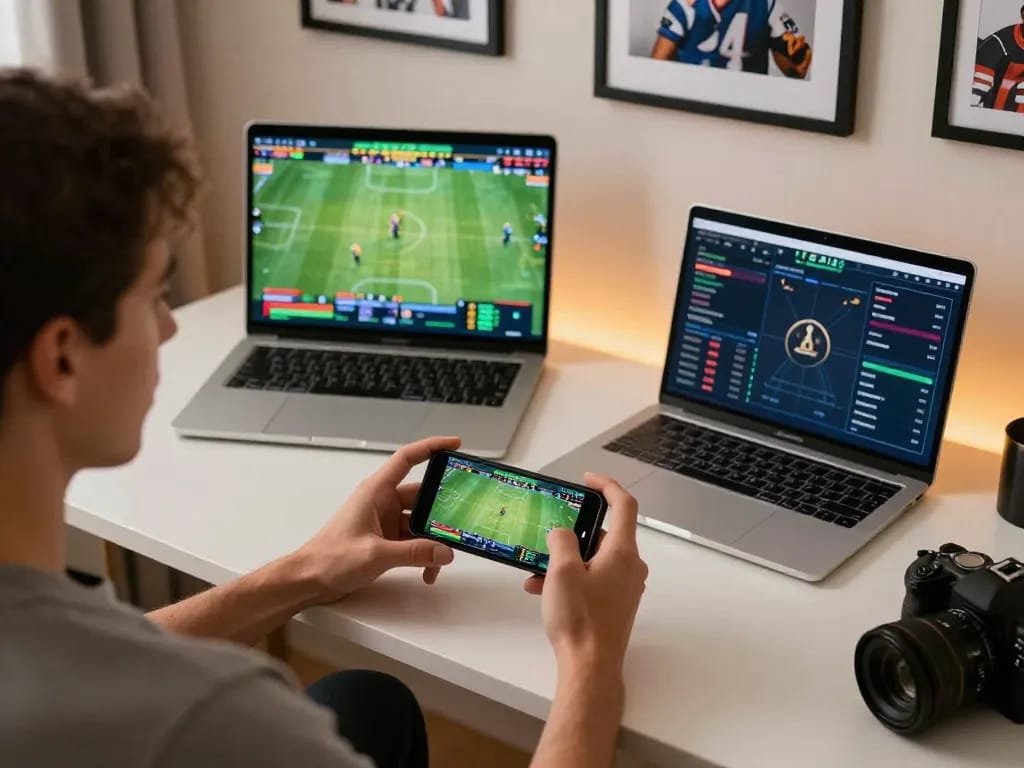 Engaged player reviewing odds for tr88 sports betting app on smartphone with immersive game visuals