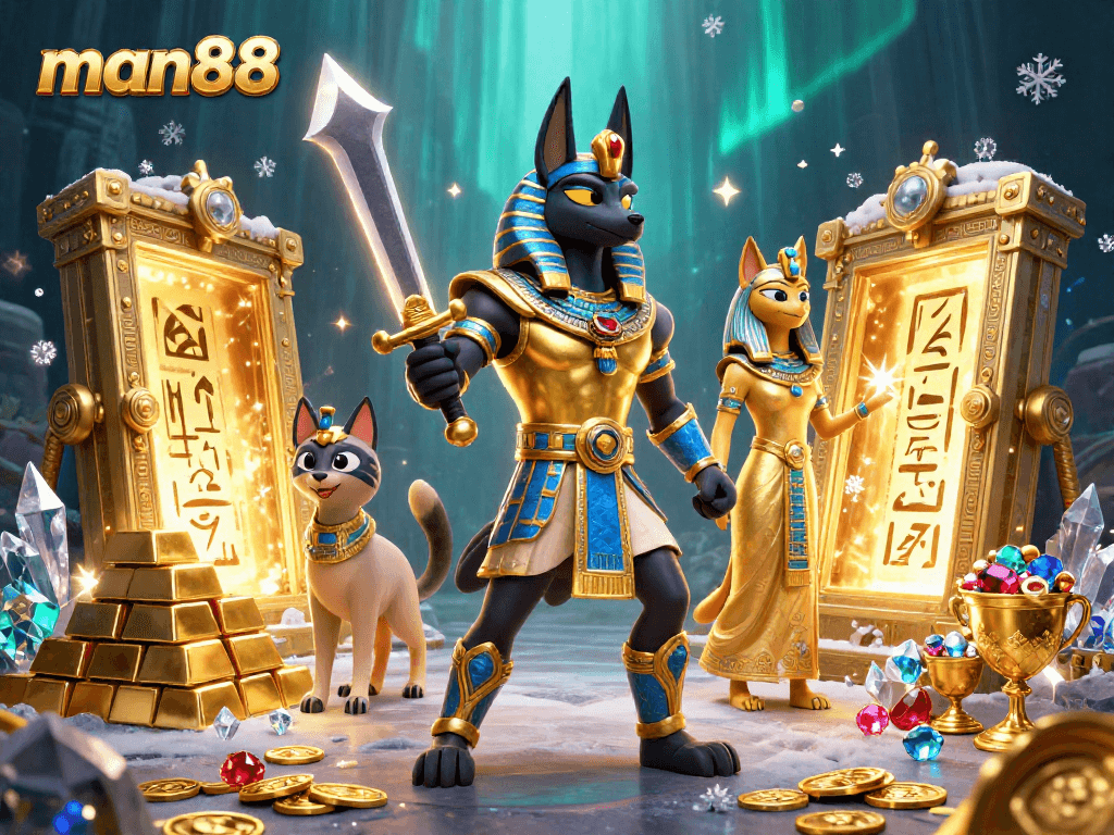 Experience winning games at man88 with an exciting 3D casino illustration featuring ancient Egyptian characters.