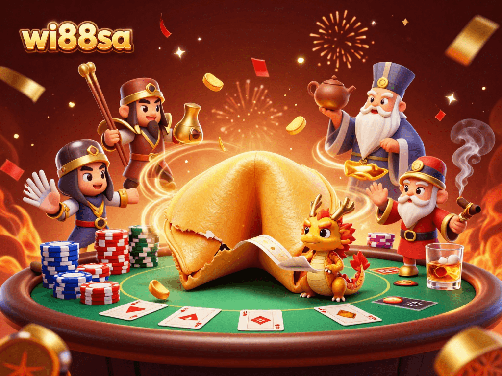 Engage with the vibrant world of wi88sa, featuring a golden fortune cookie and dynamic poker elements.