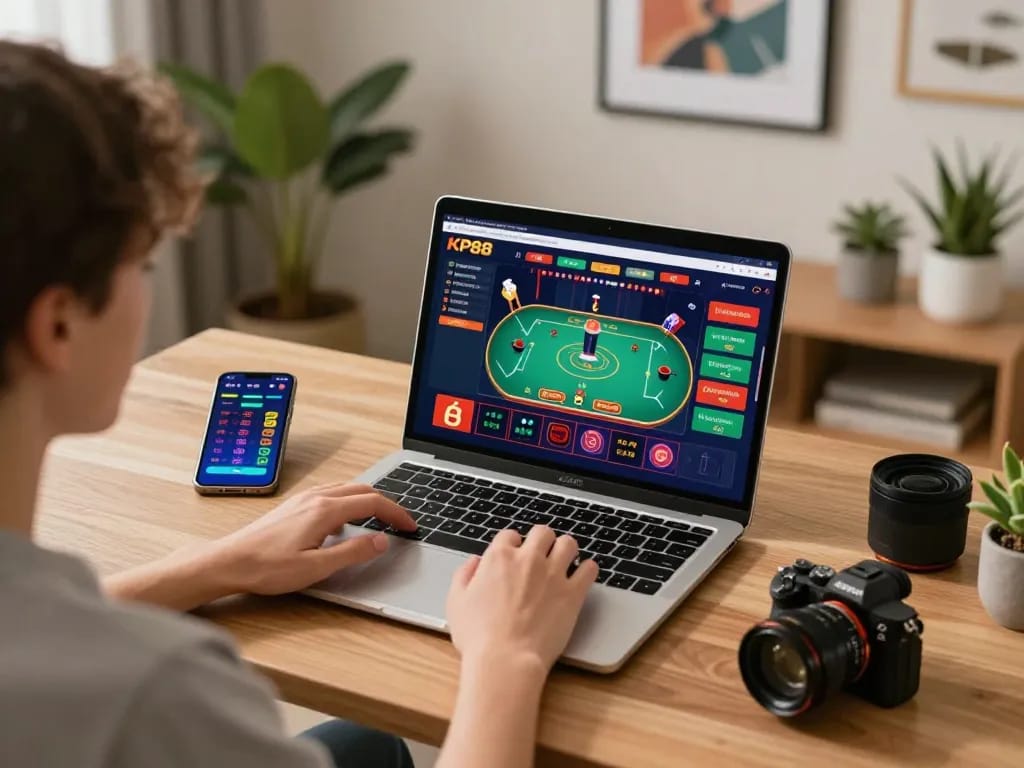 Player engaging on KP88 online casino interface with laptop and smartphone at home