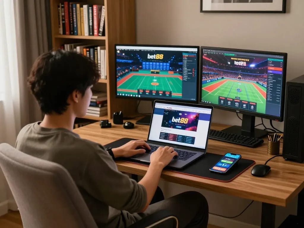 Engaged player exploring the nhà cái bet88 platform on a laptop, showcasing online gaming excitement in a cozy home setting