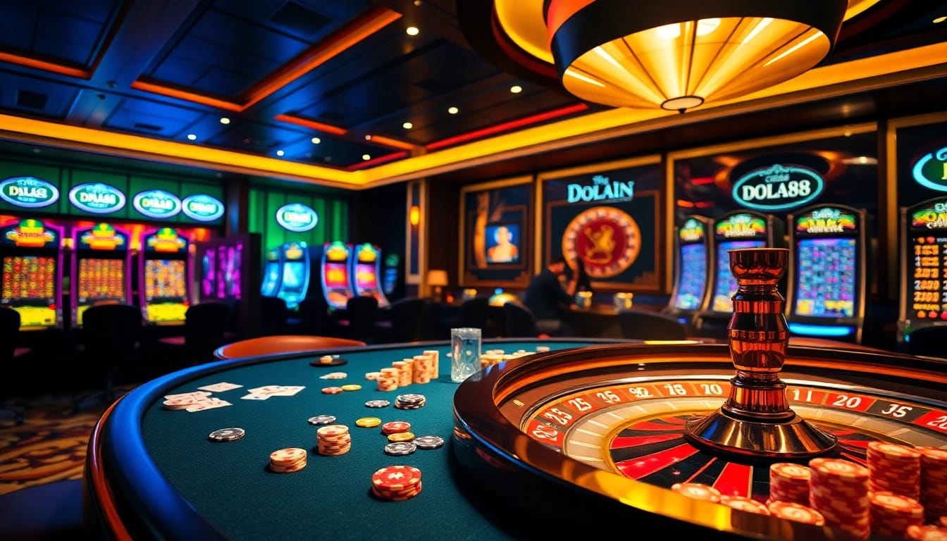DOLA88 CLUB vibrant casino atmosphere featuring gaming tables, poker chips, and roulette wheel.