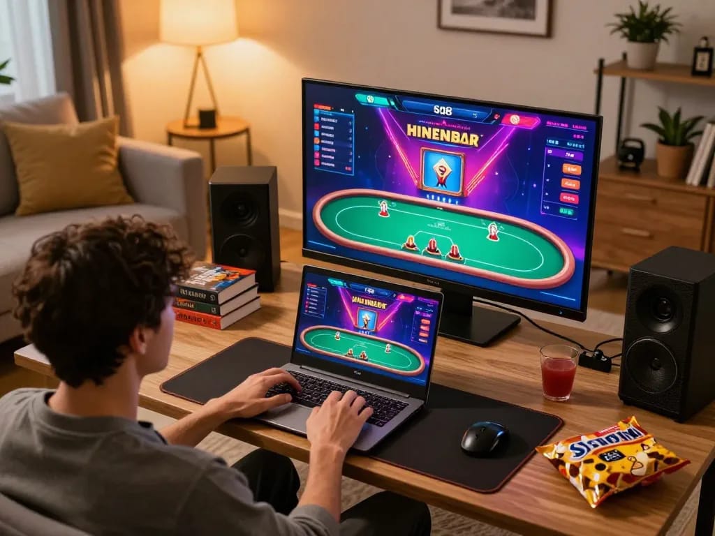 Engaging online SC88 gameplay on a laptop in cozy living room, showcasing exciting poker interface.
